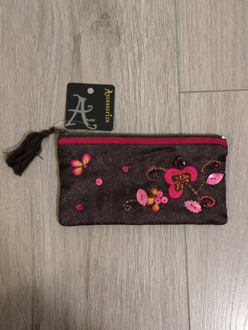 Accessorize Brown Zip Pouch with Pink Embroidery
